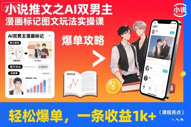 小说推文之AI双男主漫画标记图文玩法实操课，轻松爆单，一条收益1k+