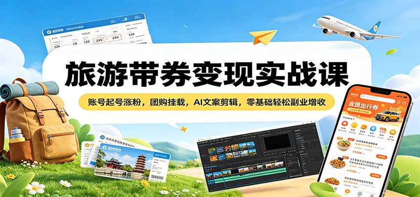 旅游带券变现实战课：账号起号涨粉，团购挂载，AI文案剪辑，零基础轻松副业增收-优优云网创