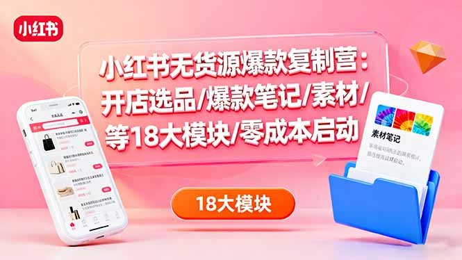 小红书无货源爆款复制营：开店选品/爆款笔记/素材/等18大模块/零成本启动-优优云网创