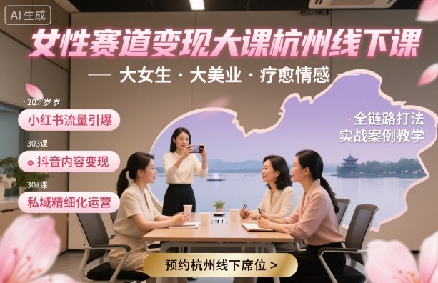 女性赛道变现大课杭州线下，大女生，大美业，疗愈情感，一套小红书、抖音、私域全链路打法-优优云网创