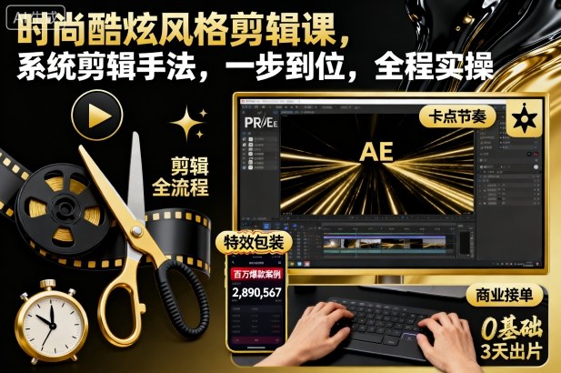 时尚酷炫风格剪辑课,系统剪辑手法,一步到位,全程实操