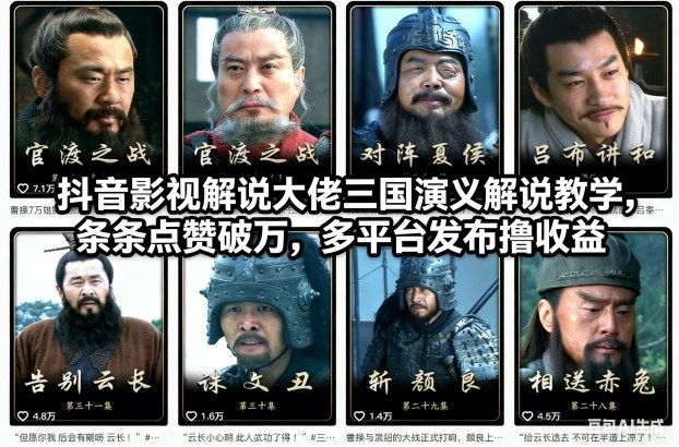 抖音影视解说大佬三国演义解说教学,条条点赞破万,多平台发布撸收益-优优云网创