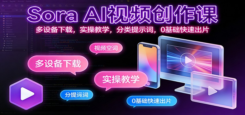 Sora AI视频创作课:多设备下载,实操教学,分类提示词,0基础快速出片-优优云网创