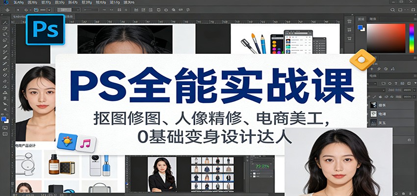 PS全能实战课：抠图修图、人像精修、电商美工，0基础变身设计达人-优优云网创