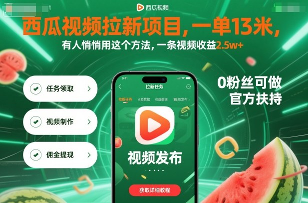 西瓜视频拉新项目，一单13米，有人悄悄用这个方法，一条视频收益2.5w+(附详细教程)-优优云网创