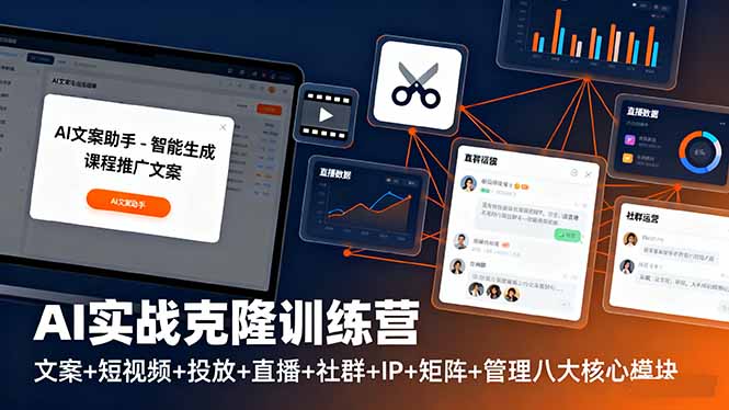AI实战克隆训练营：文案+短视频+投放+直播+社群+IP+矩阵+管理八大核心模块-优优云网创