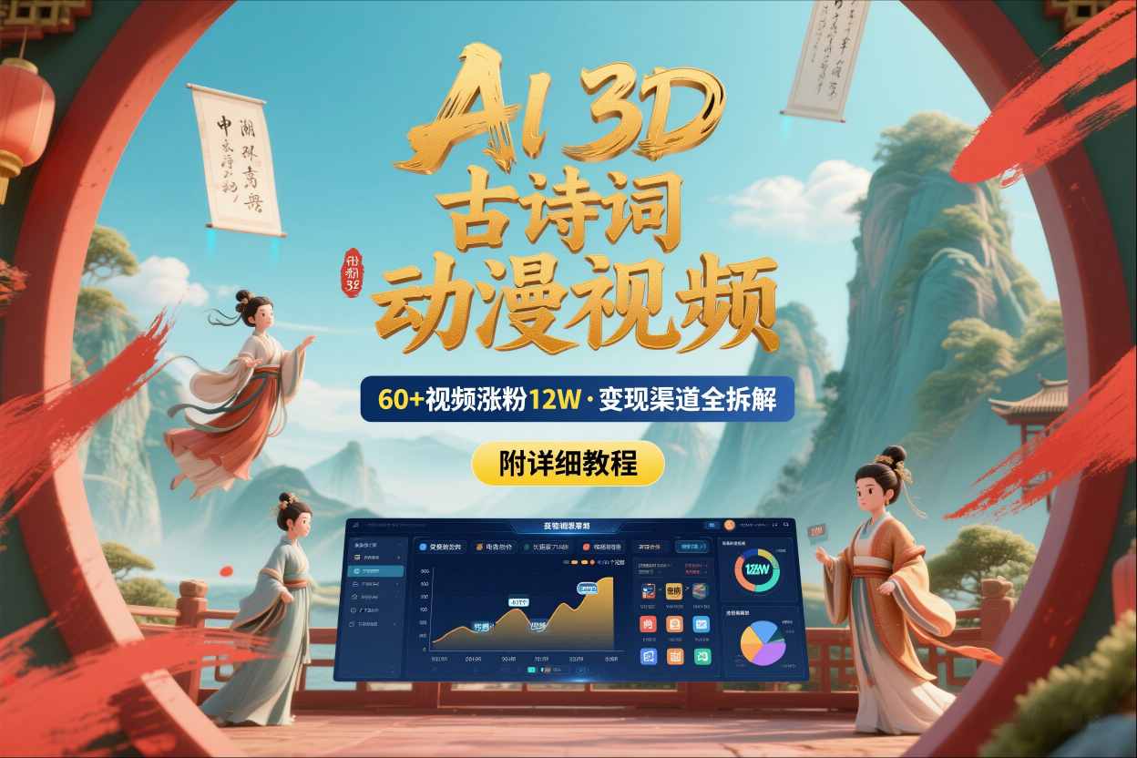AI制作3D古诗词动漫视频,60多个视频涨粉12W,多个变现渠道拆解【附详细教程】